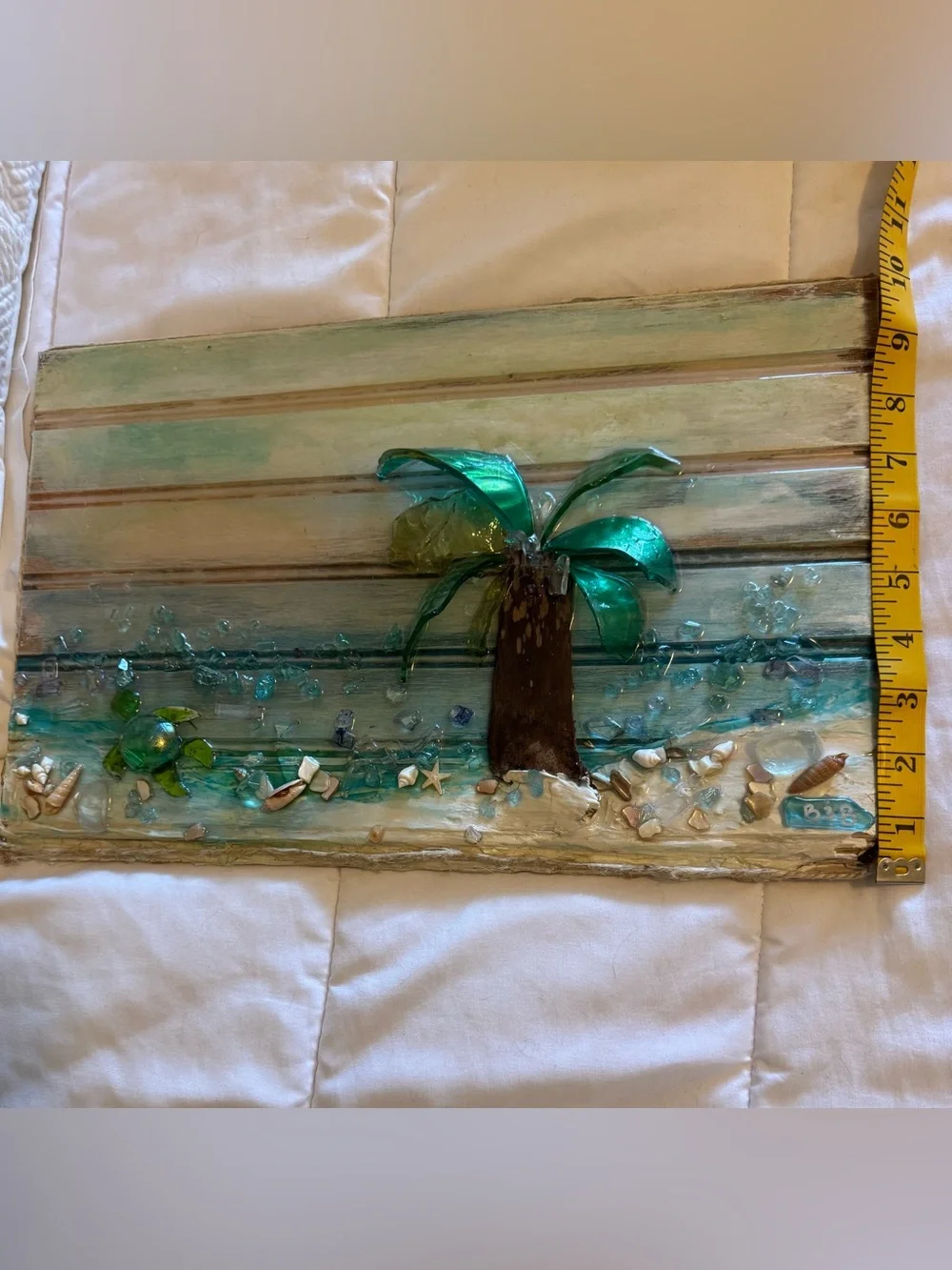 Handcrafted Beach Glass Palm Wall Art - Teal & Brown